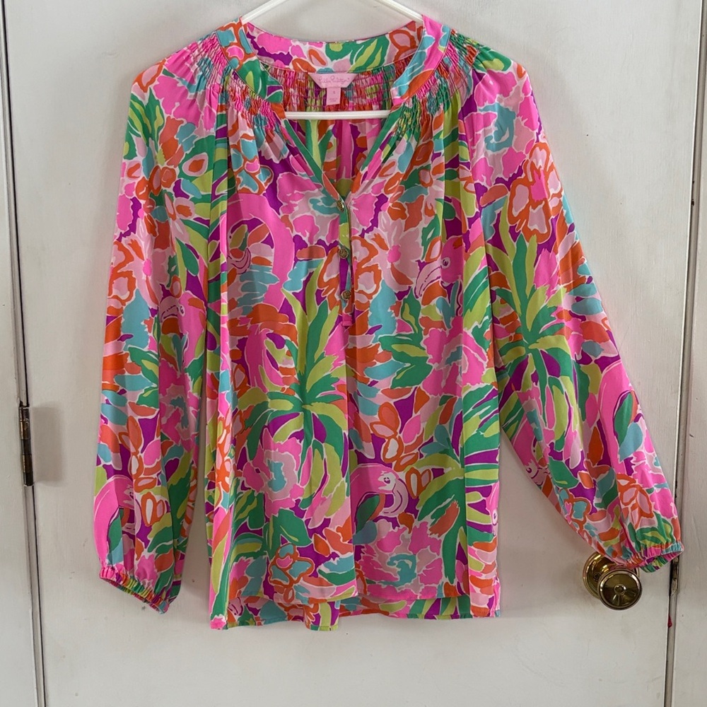 Lilly Pulitzer Elsa multicolored silk long sleeve  floral flamingo blouse Size S